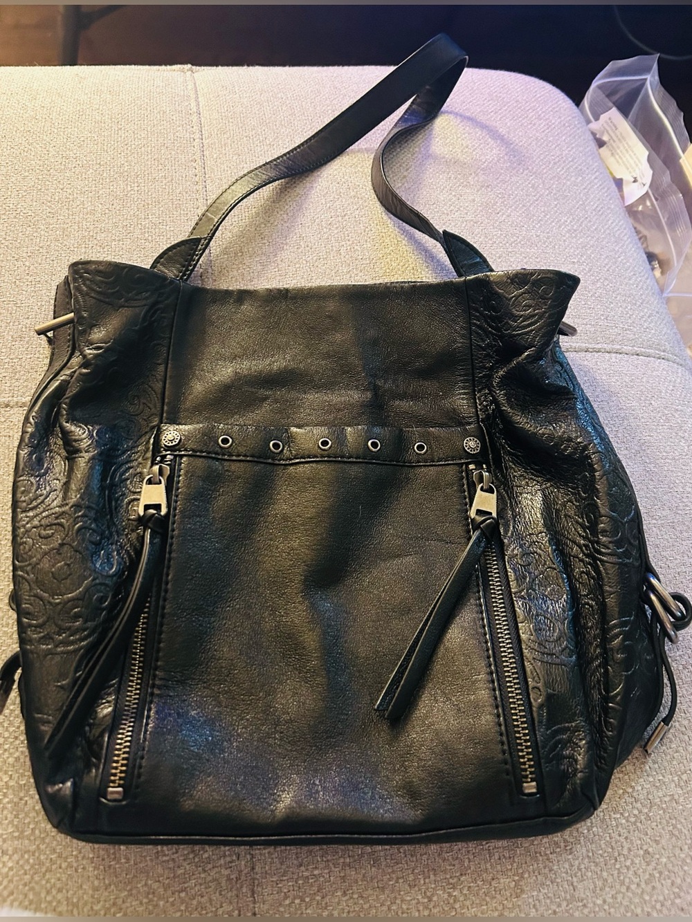 The Sak Black Leather Embossed Shoulder Bag Hobo Purse Studded Zip Detail